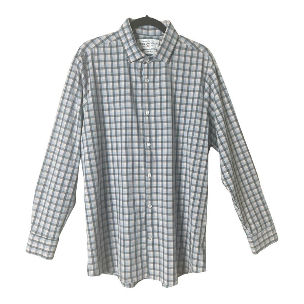 Mizzen + Main‎ Long Sleeve Blue Peach Plaid Stretch Button Up Shirt XL Trim Fit